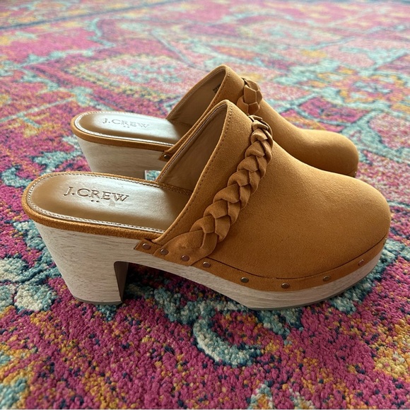 NWOT J. Crew | Women’s caramel faux suede wooden chunky heel braided bridge clog - Picture 2 of 10